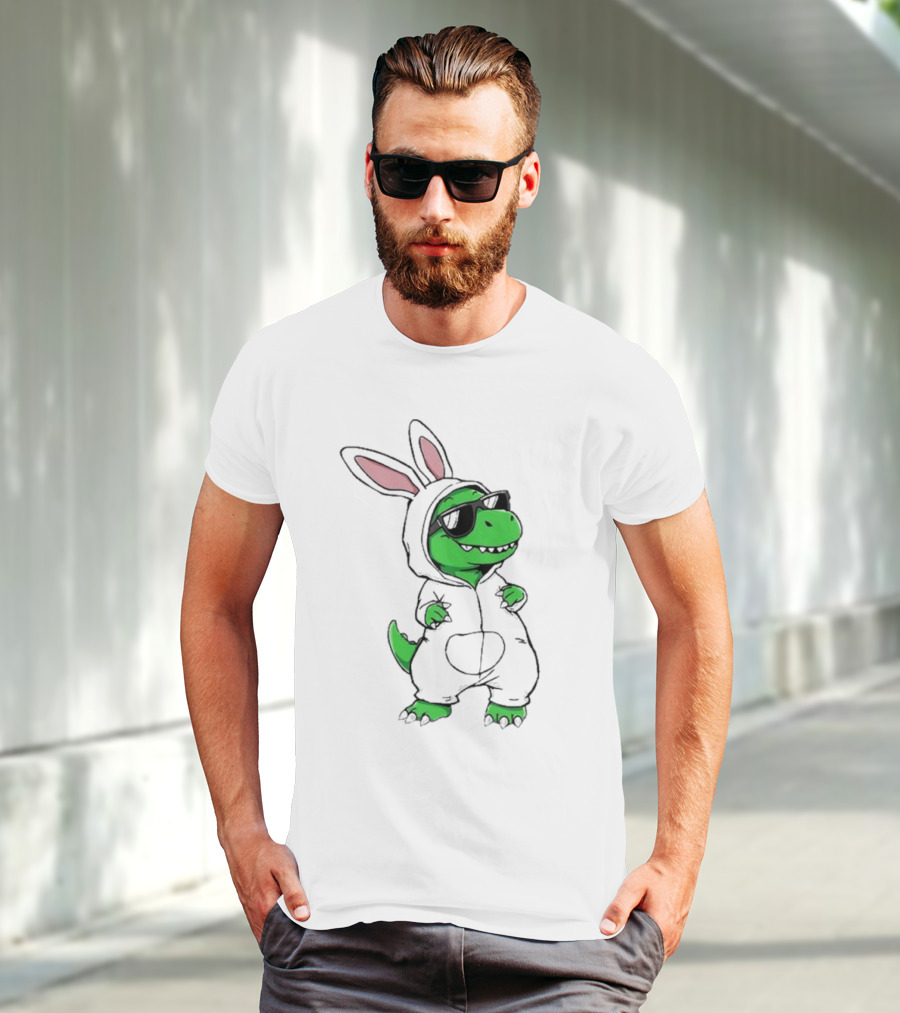 Cool Dino Wearing Easter Bunny Rabbit Costume With Sunglasses T-Shirt