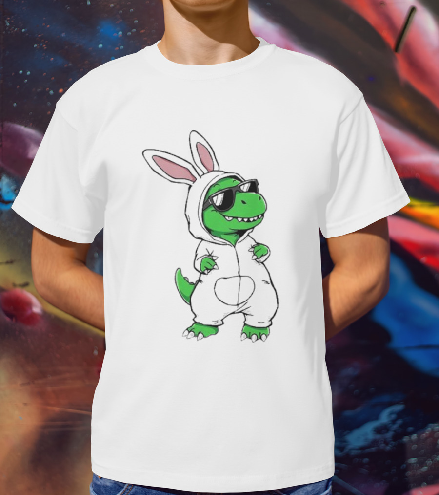 Cool Dino Wearing Easter Bunny Rabbit Costume With Sunglasses T-Shirt