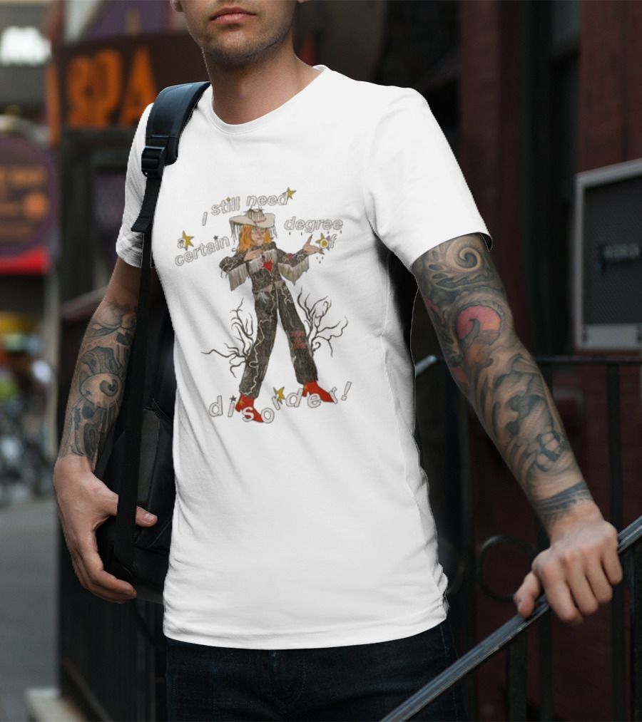 Cowboy Hayley I Still Need A Certain Degree Of Disorder Star Motif Western Outfit White Cowboy Hat Fringe Red Boots T-Shirt