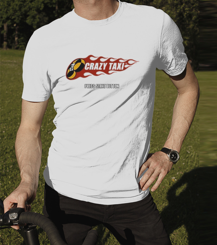 Crazy Taxi Press Start Button Iconic Video Game Flames Graphic T-Shirt