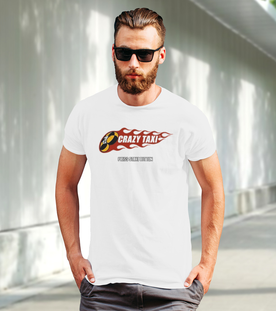 Crazy Taxi Press Start Button Iconic Video Game Flames Graphic T-Shirt