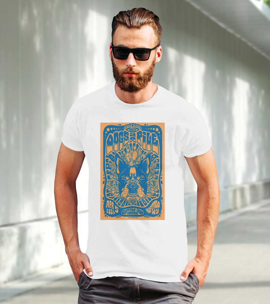 Dogs In A Pile Buffalo Iron Works NY April 5 2025 Psychedelic Bulldog Concert Art By Matt Leunig T-Shirt