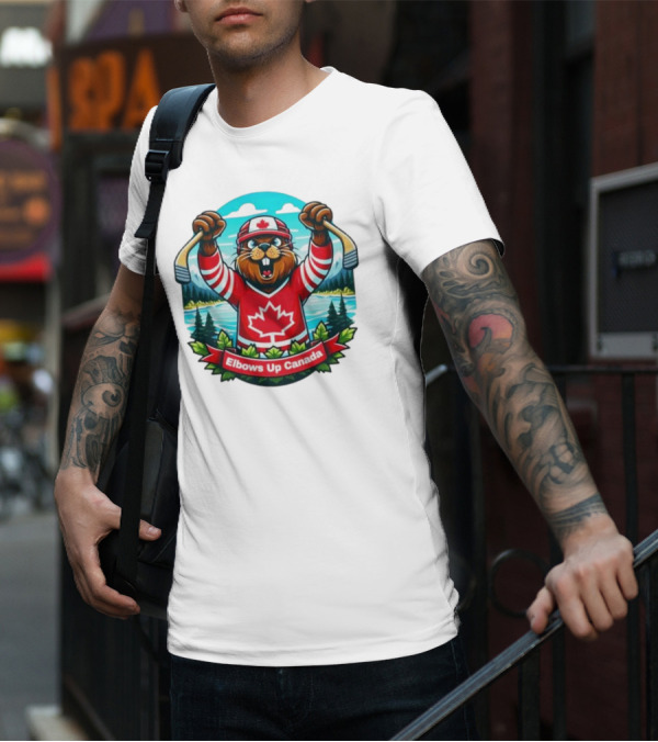 Elbows Up Canada Beaver Mascot Hockey Celebration Canadian Maple Leaf Forest T-Shirt
