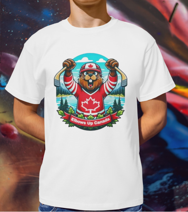 Elbows Up Canada Beaver Mascot Hockey Celebration Canadian Maple Leaf Forest T-Shirt
