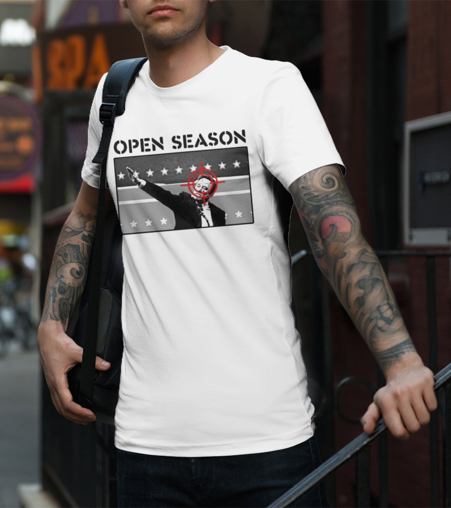 Unrecognizable Figure With Target Overlay Open Season Text T-Shirt