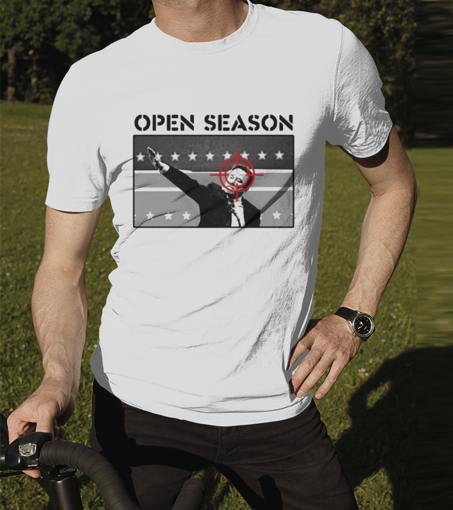 Unrecognizable Figure With Target Overlay Open Season Text T-Shirt