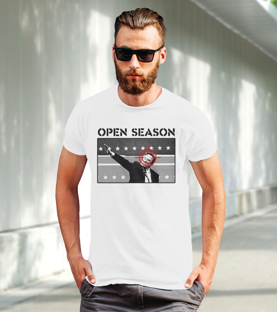 Unrecognizable Figure With Target Overlay Open Season Text T-Shirt