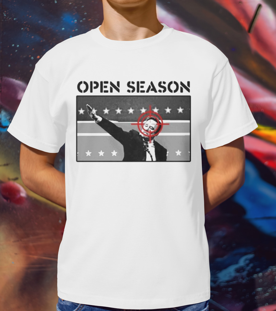 Unrecognizable Figure With Target Overlay Open Season Text T-Shirt