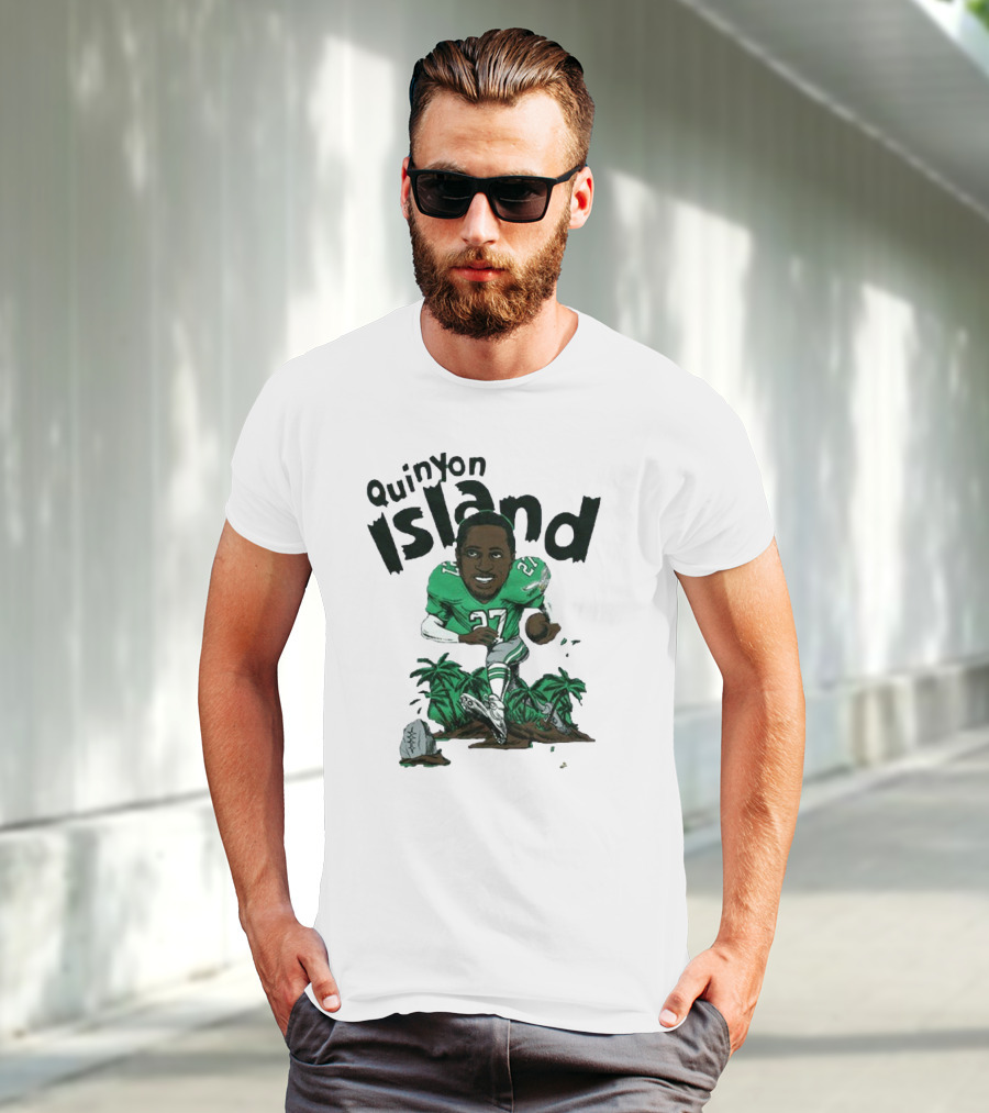Quinyon Island Eagle 27 Football Player Running With Palm Trees And Rocks T-Shirt