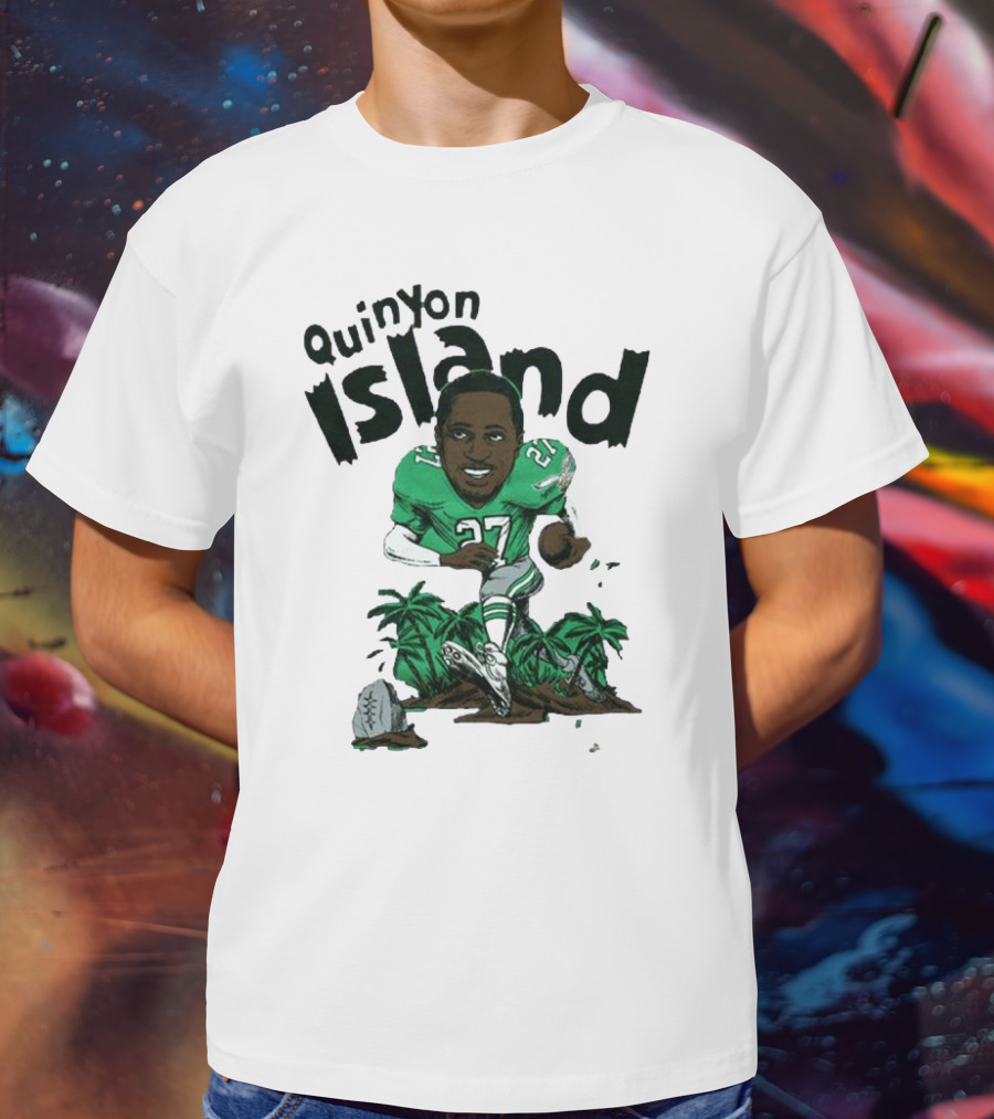 Quinyon Island Eagle 27 Football Player Running With Palm Trees And Rocks T-Shirt