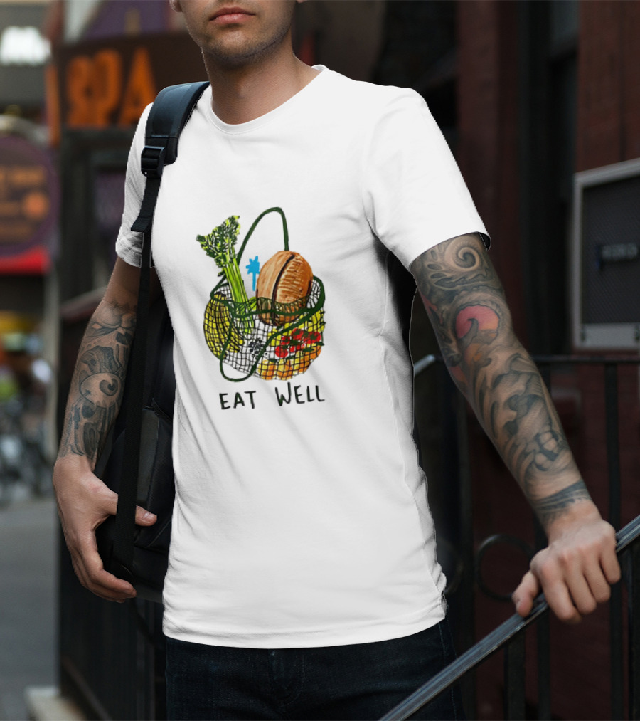 Eat Well Groceries In Mesh Bag With Baguette Broccoli Tomato T-Shirt