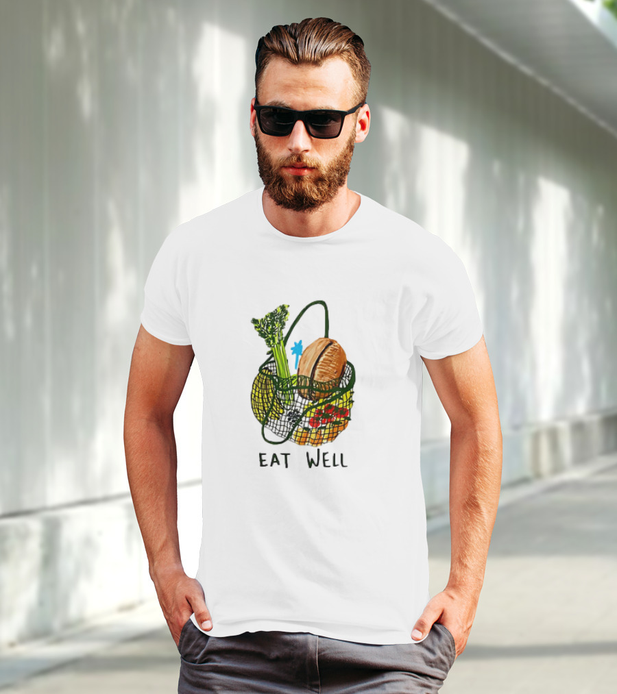 Eat Well Groceries In Mesh Bag With Baguette Broccoli Tomato T-Shirt