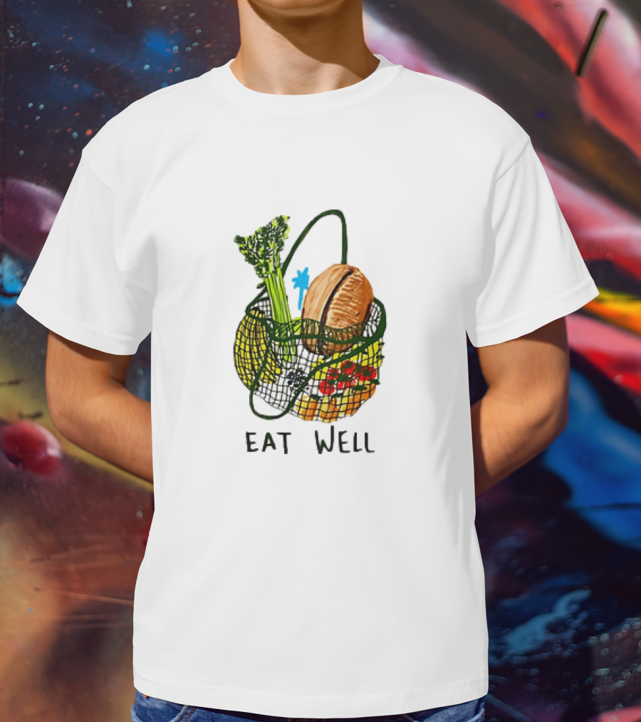 Eat Well Groceries In Mesh Bag With Baguette Broccoli Tomato T-Shirt