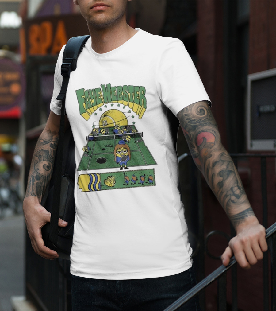 Faye Webster Brain Dead Tennis Court Scene With Yellow Characters And Sports Imagery T-Shirt