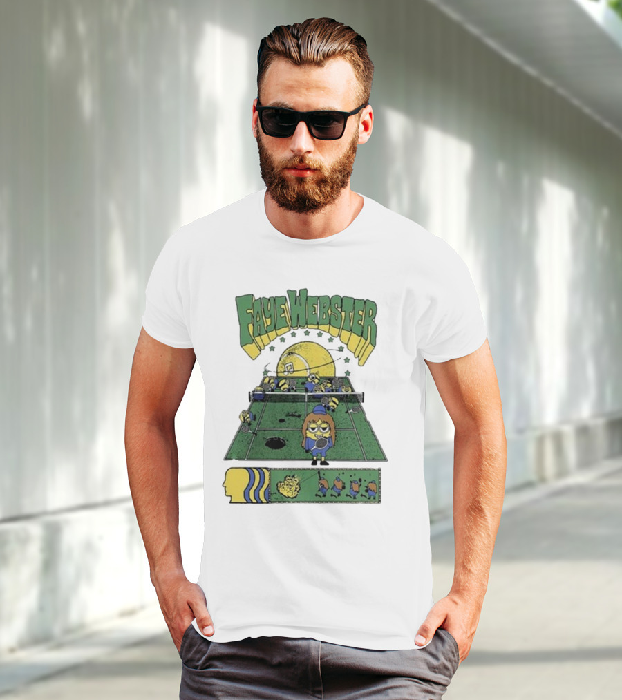 Faye Webster Brain Dead Tennis Court Scene With Yellow Characters And Sports Imagery T-Shirt