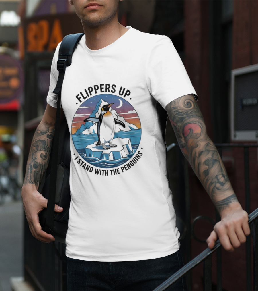 Flippers Up I Stand With The Penguins Iceberg Sunset Scene T-Shirt