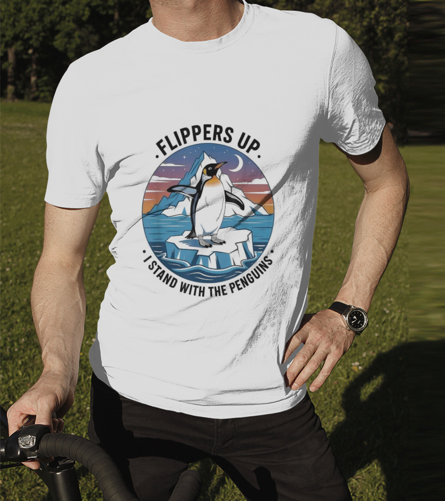 Flippers Up I Stand With The Penguins Iceberg Sunset Scene T-Shirt