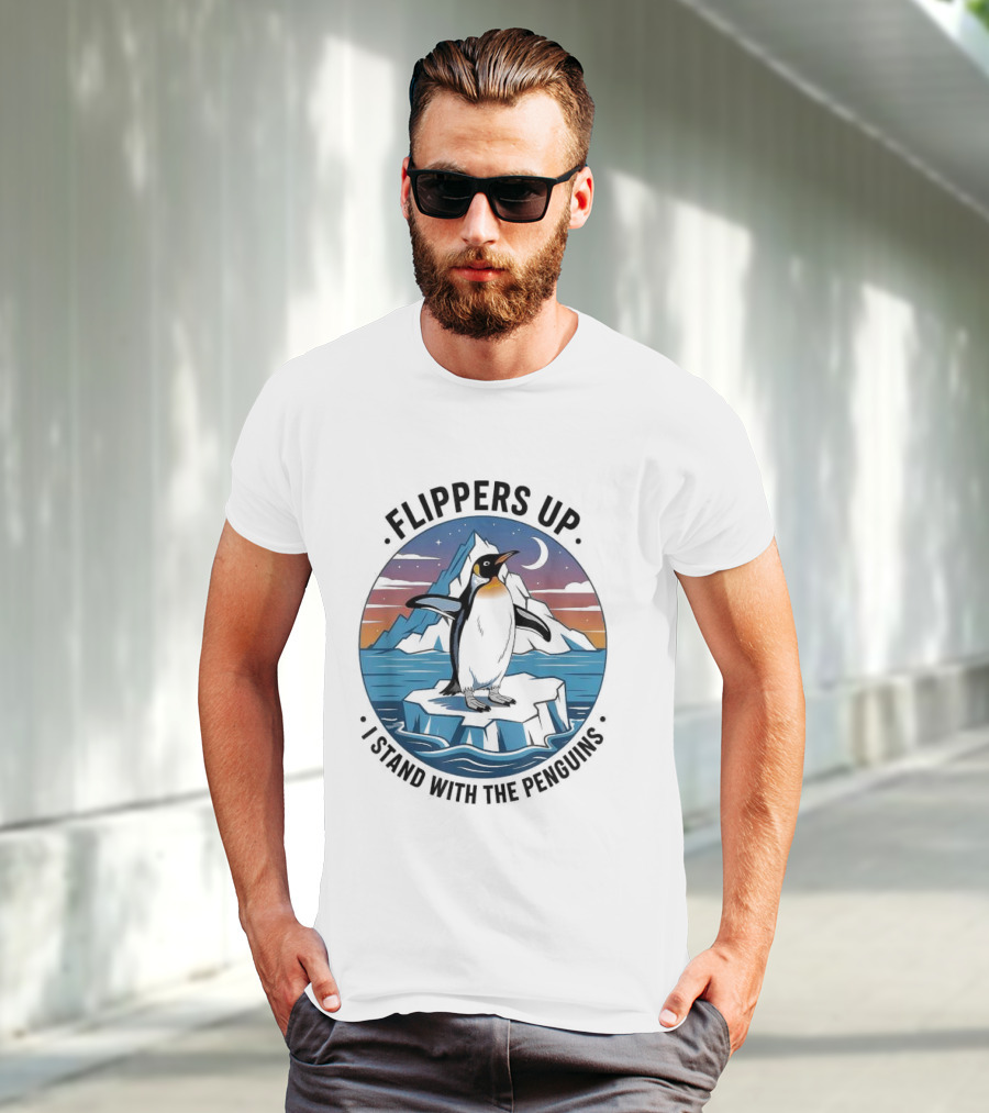 Flippers Up I Stand With The Penguins Iceberg Sunset Scene T-Shirt