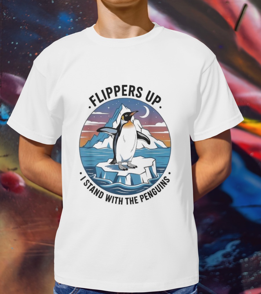 Flippers Up I Stand With The Penguins Iceberg Sunset Scene T-Shirt