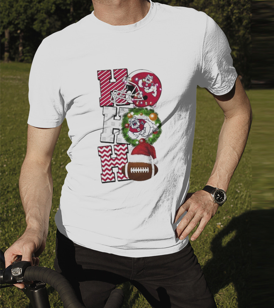 Fresno State Bulldogs Football Christmas Helmet Wreath Santa Hat Rugby T-Shirt