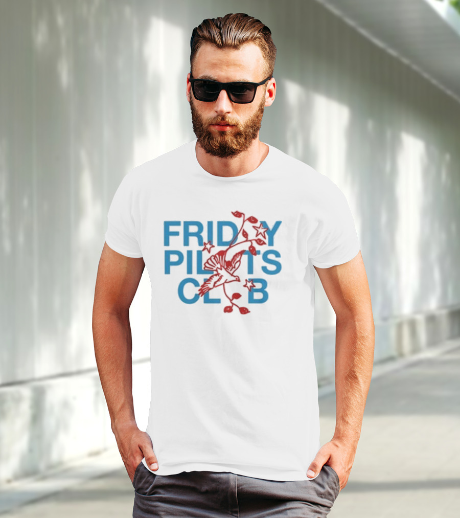 Friday Pilots Club Dove Red Bird Flowers Blue Text T-Shirt
