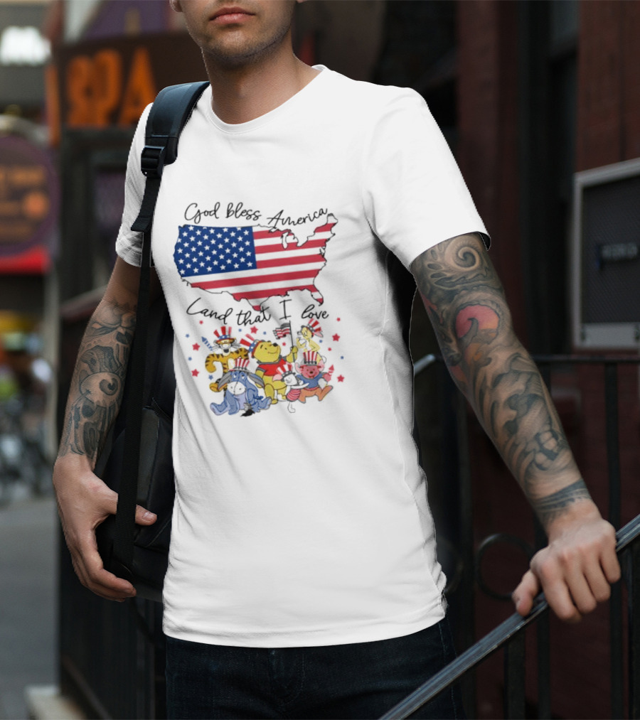 God Bless America Land That I Love Winnie The Pooh USA Flag T-Shirt