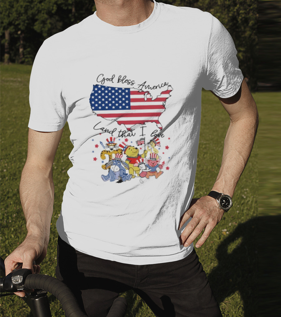 God Bless America Land That I Love Winnie The Pooh USA Flag T-Shirt