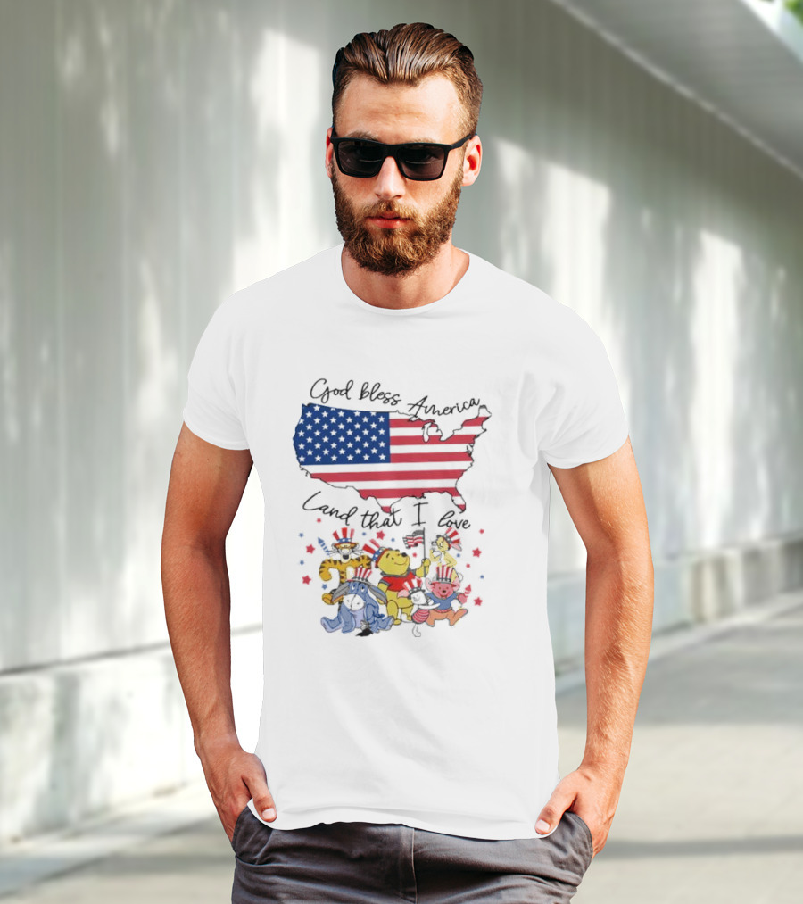 God Bless America Land That I Love Winnie The Pooh USA Flag T-Shirt