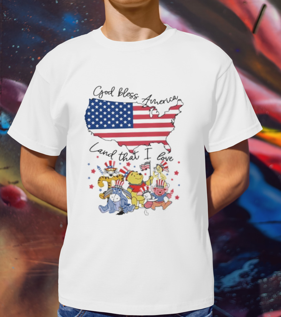 God Bless America Land That I Love Winnie The Pooh USA Flag T-Shirt