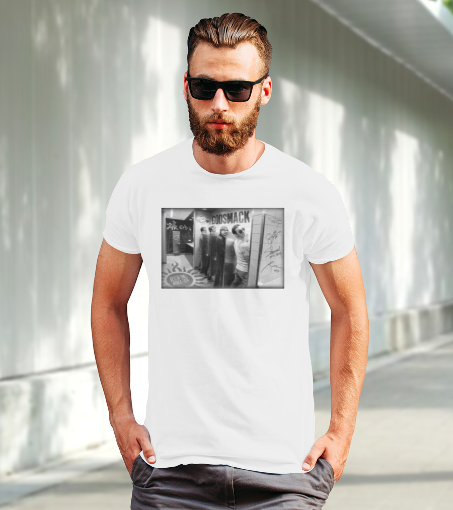 Godsmack Band Autographed Bathroom Photo With Guitar And Sun Symbol T-Shirt