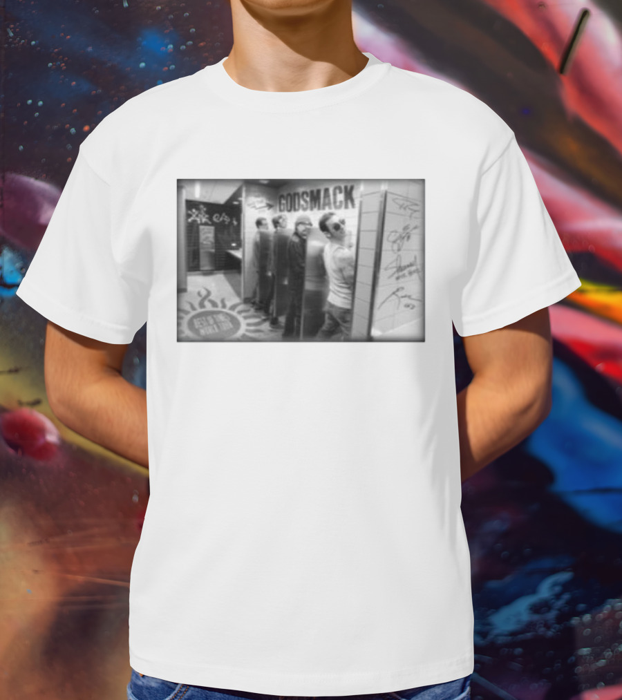 Godsmack Band Autographed Bathroom Photo With Guitar And Sun Symbol T-Shirt